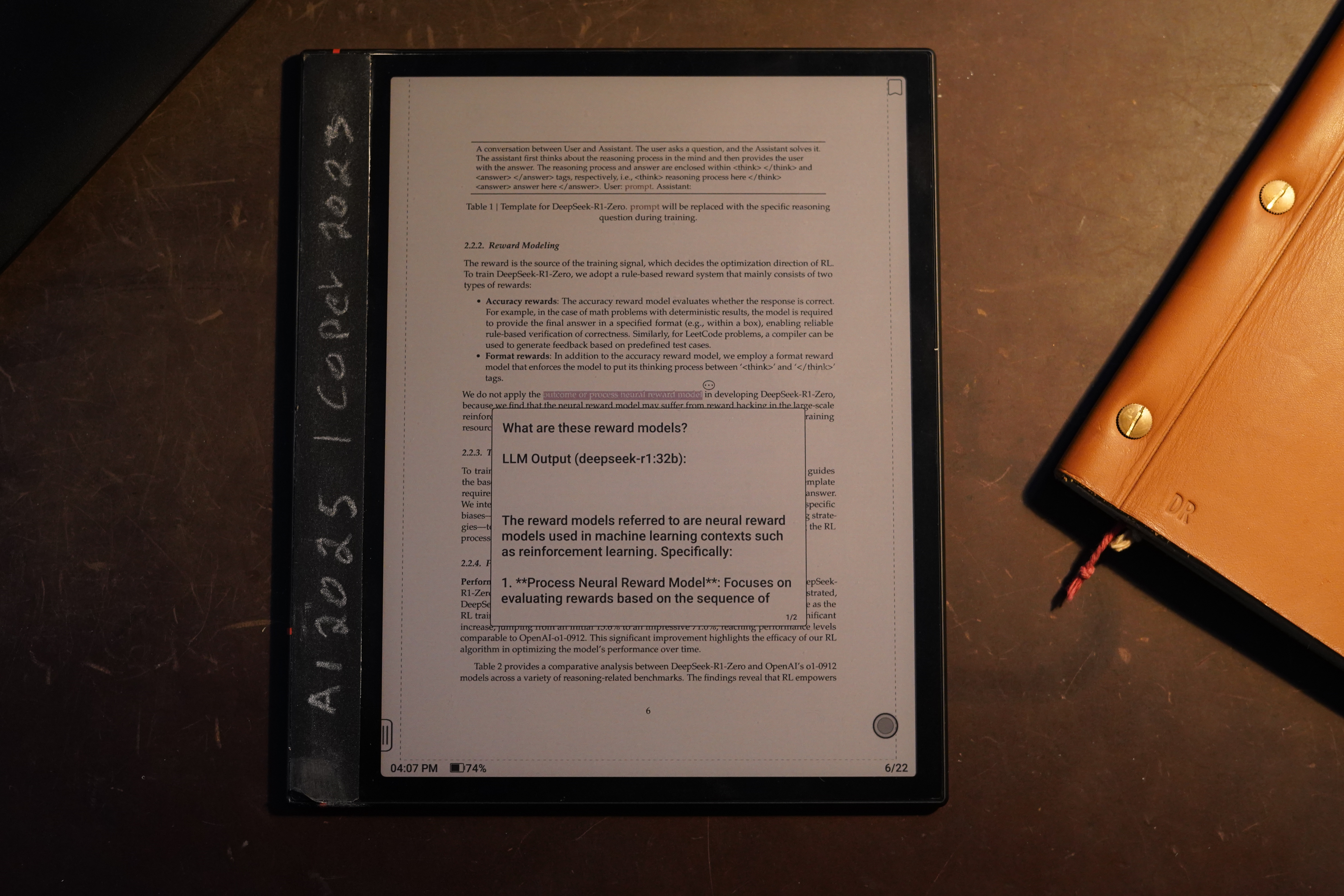 E-Reader with dialog showing LLM answer to a highlighted question.