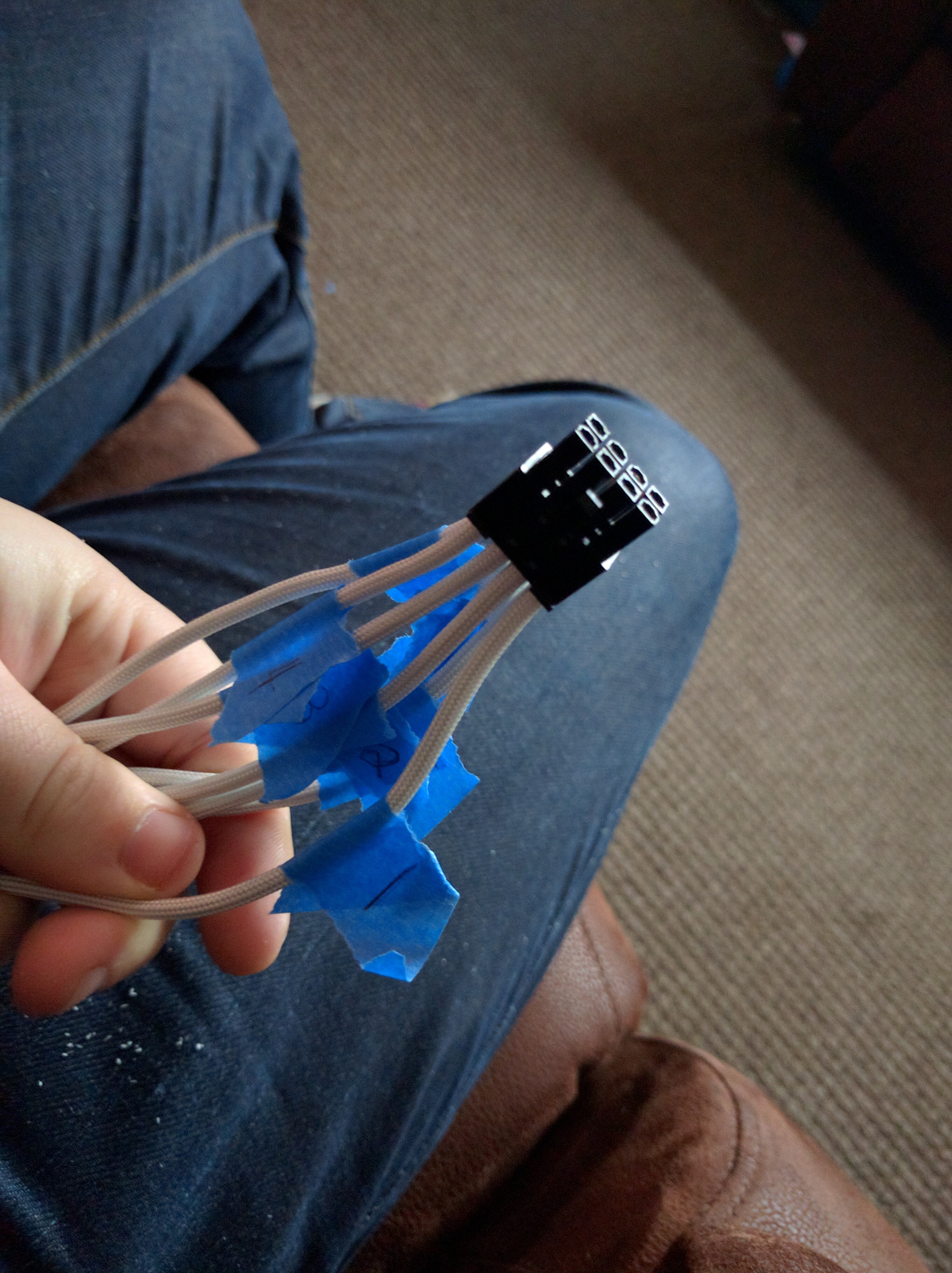 Example sleeving of a power connector with labels to make sure everything is connected properly.